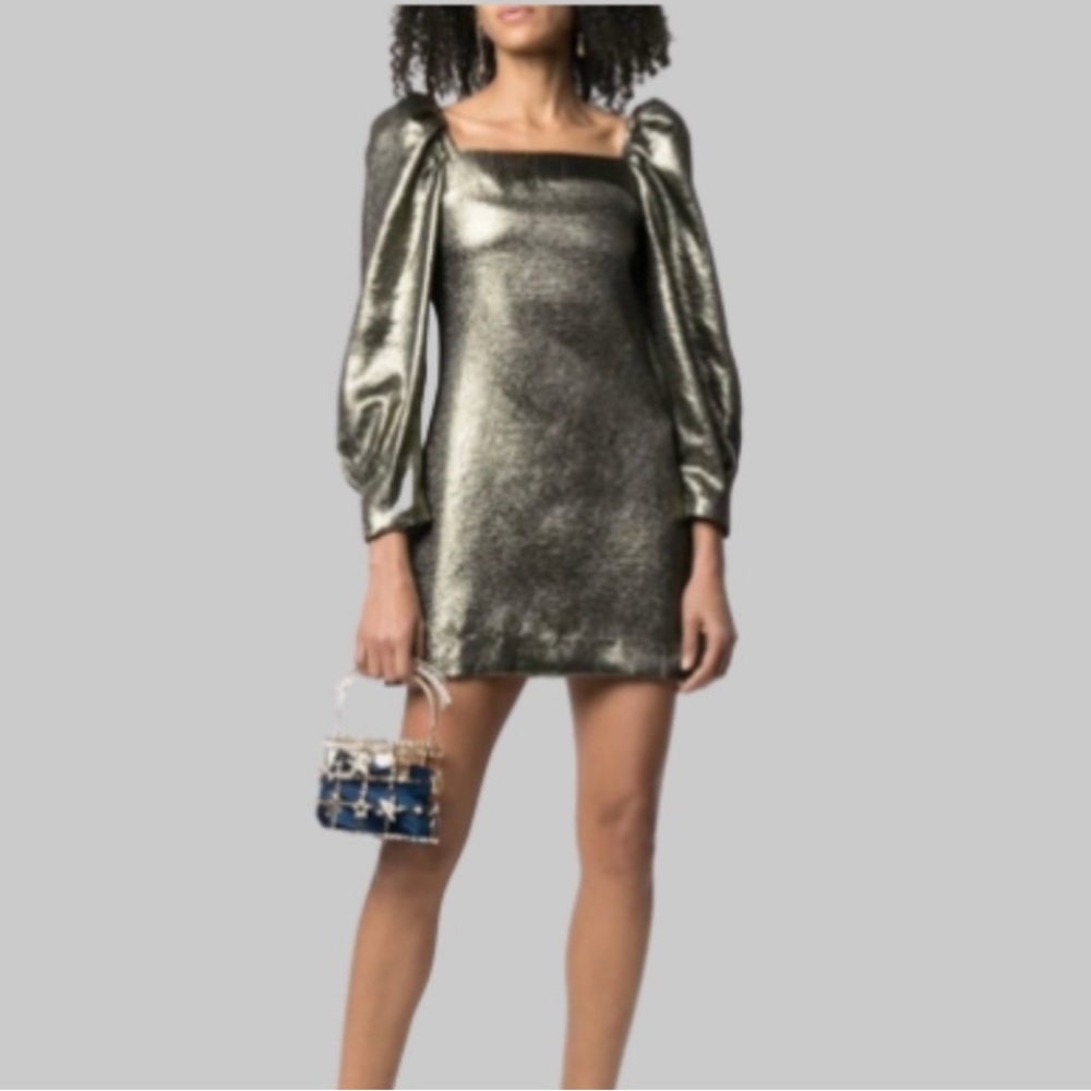 New! Sandro Metallic Puff Sleeve Mini Dress | L